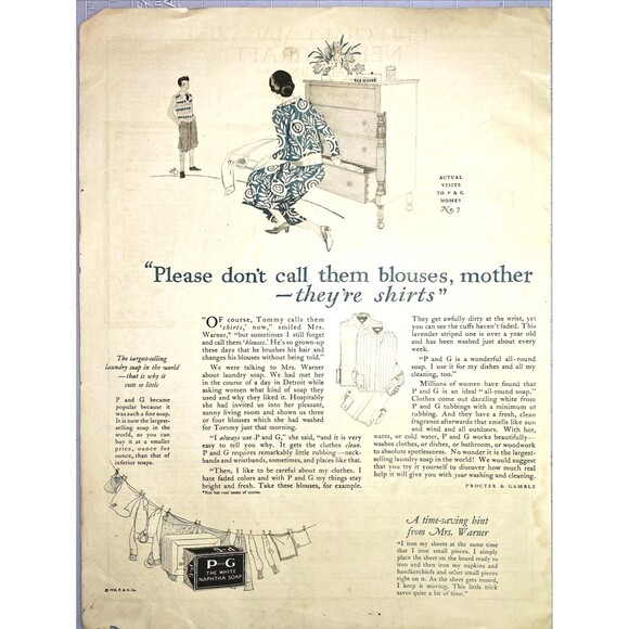 P & G Naphtha Soap "Don't call them blouses mother They're Shirts" Print Ad 1926 - Picture 1 of 3